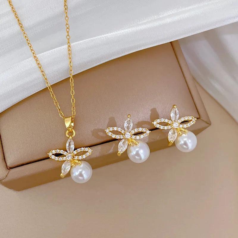 Micro-Inlaid Stainless Steel Charm Flower Necklace and Earrings Set - DAMYINSIDE