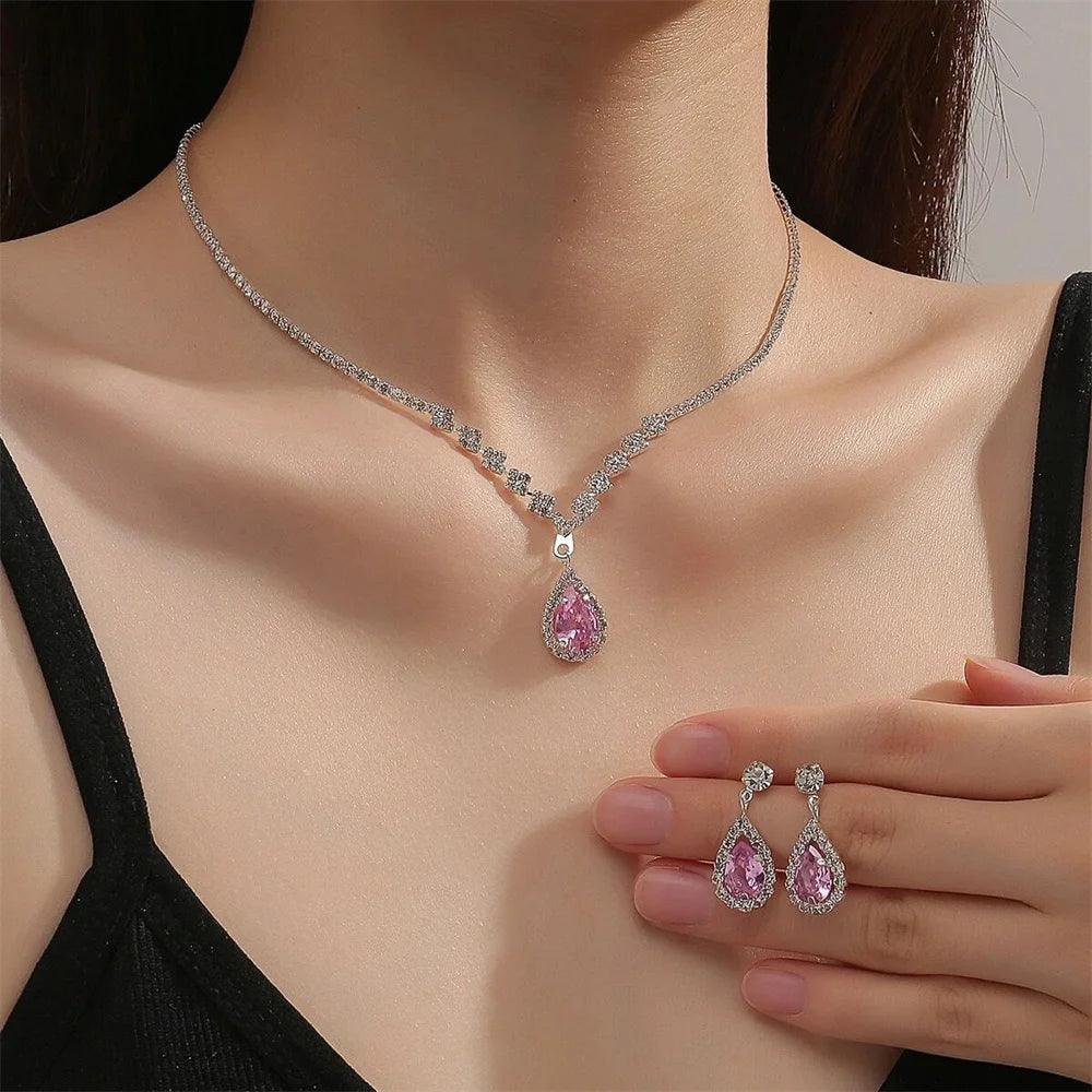 Simple Water Drop Crystal Necklace and Earrings Set - DAMYINSIDE