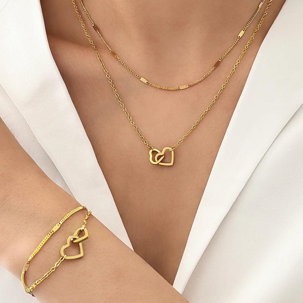 Stainless Steel Jewelry Sets – Love Bracelet and Necklace with Double Chain - DAMYINSIDE