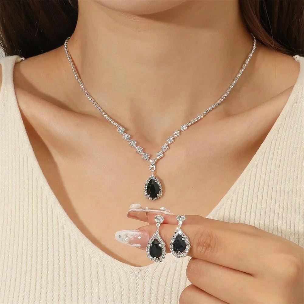 Simple Water Drop Crystal Necklace and Earrings Set - DAMYINSIDE