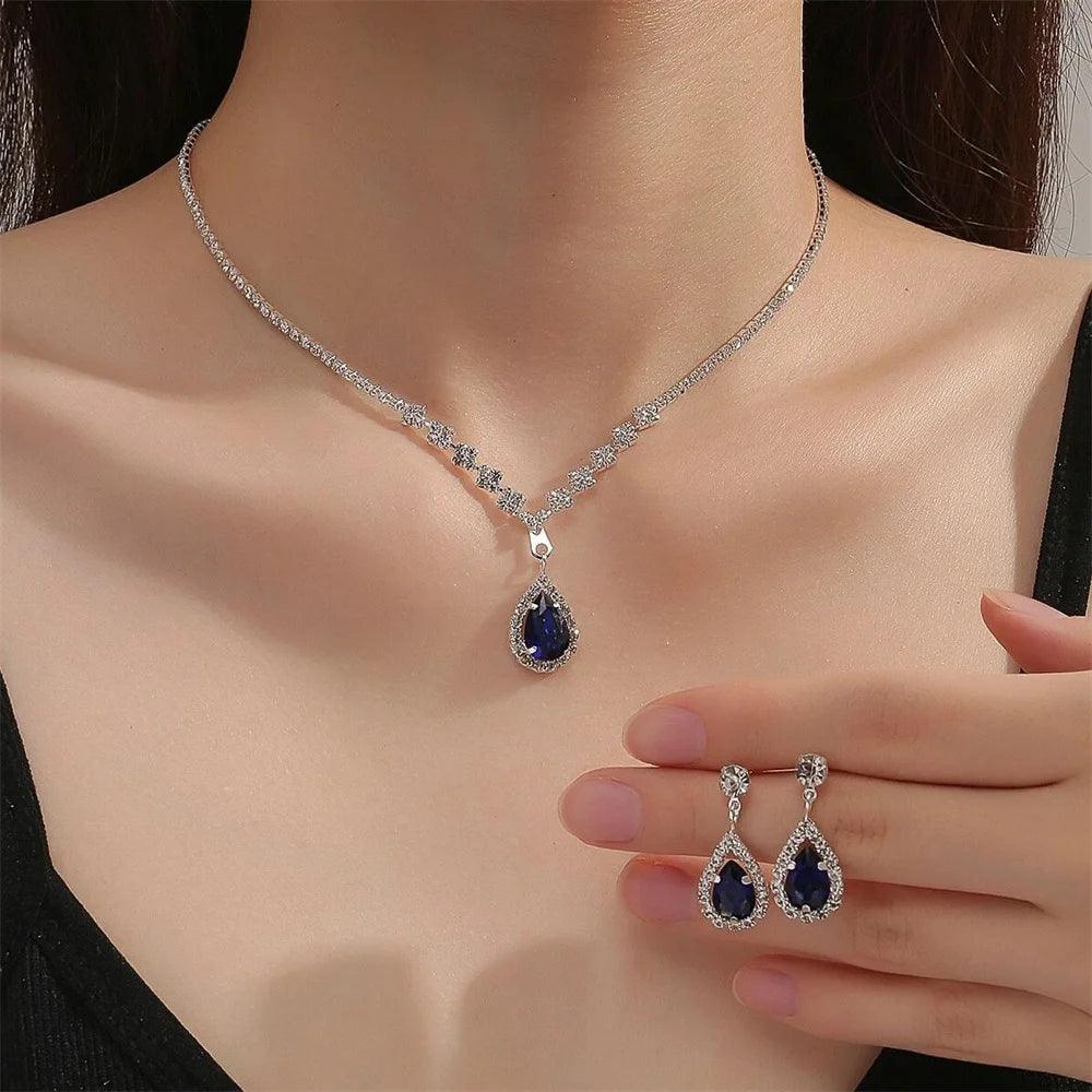 Simple Water Drop Crystal Necklace and Earrings Set - DAMYINSIDE