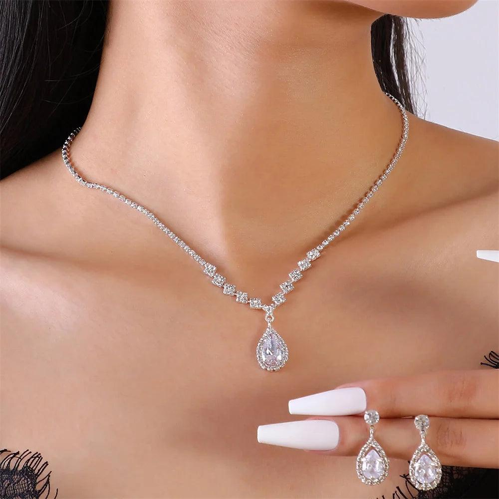 Simple Water Drop Crystal Necklace and Earrings Set - DAMYINSIDE